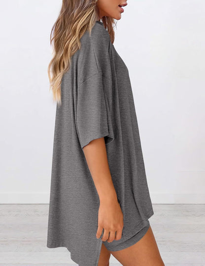 Women's Two Piece Lounge Set 2026 Summer Casual Oversized Shirts Biker Shorts Matching Airport Travel Outfit