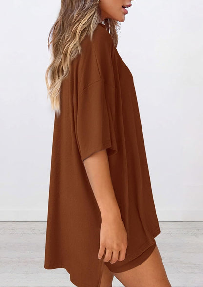 Women's Two Piece Lounge Set 2026 Summer Casual Oversized Shirts Biker Shorts Matching Airport Travel Outfit