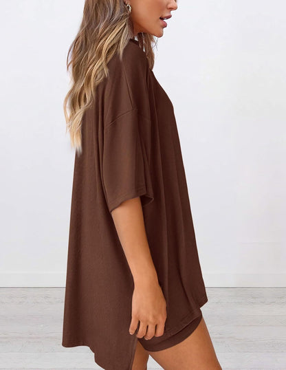 Women's Two Piece Lounge Set 2026 Summer Casual Oversized Shirts Biker Shorts Matching Airport Travel Outfit