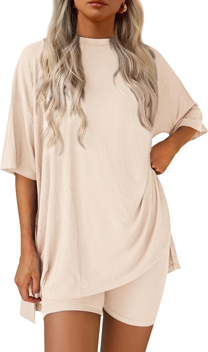 Women's Two Piece Lounge Set 2026 Summer Casual Oversized Shirts Biker Shorts Matching Airport Travel Outfit