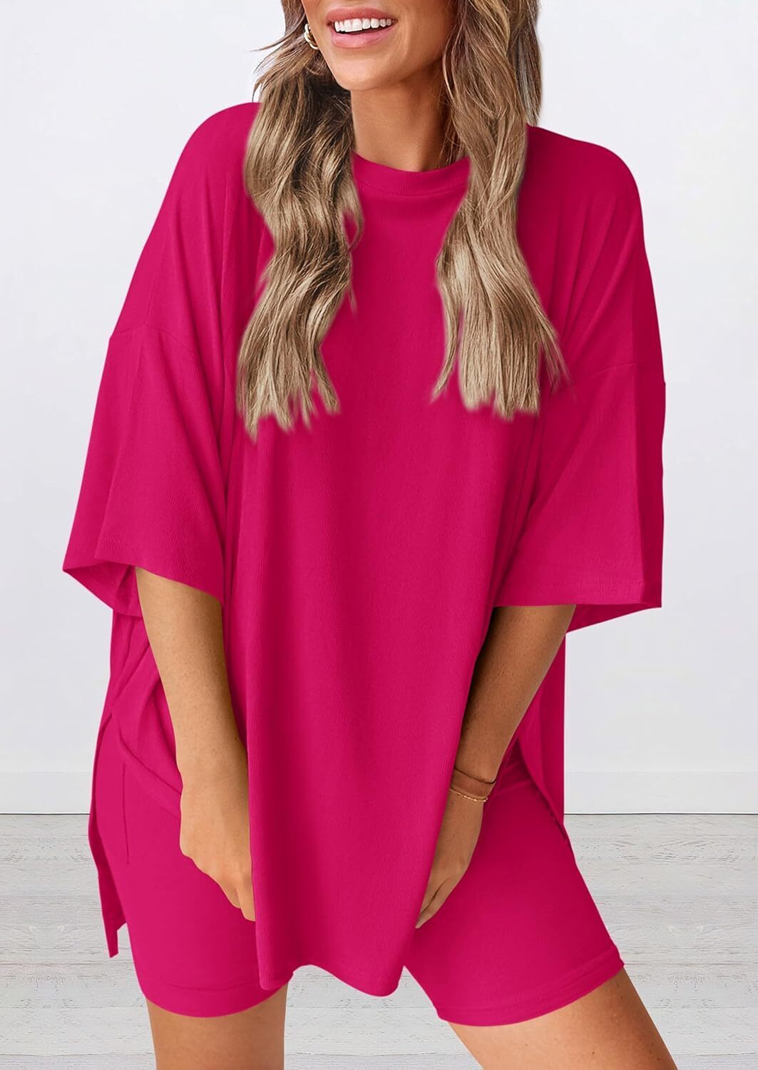 Women's Two Piece Lounge Set 2026 Summer Casual Oversized Shirts Biker Shorts Matching Airport Travel Outfit