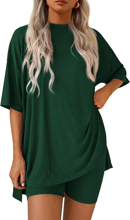 Women's Two Piece Lounge Set 2026 Summer Casual Oversized Shirts Biker Shorts Matching Airport Travel Outfit