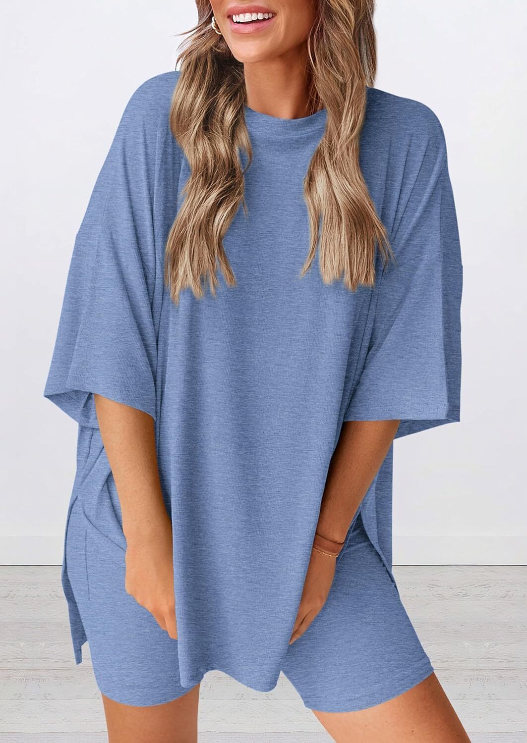 Women's Two Piece Lounge Set 2026 Summer Casual Oversized Shirts Biker Shorts Matching Airport Travel Outfit