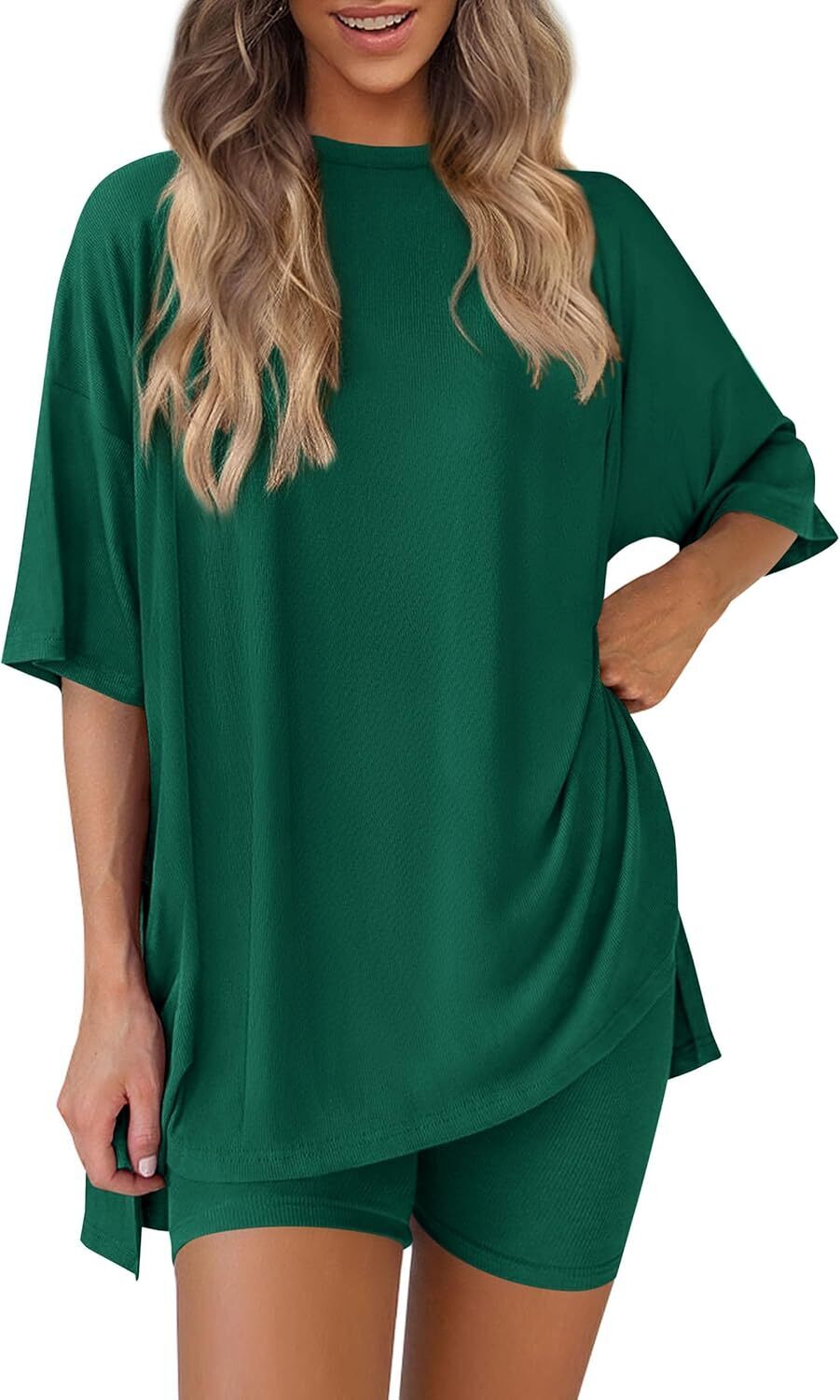 Women's Two Piece Lounge Set 2026 Summer Casual Oversized Shirts Biker Shorts Matching Airport Travel Outfit