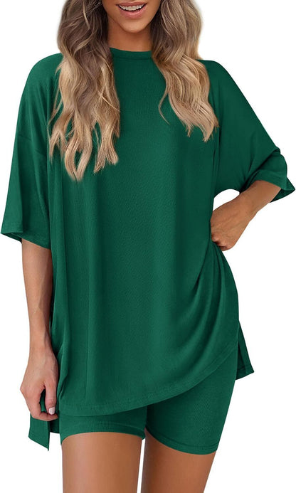 Women's Two Piece Lounge Set 2026 Summer Casual Oversized Shirts Biker Shorts Matching Airport Travel Outfit