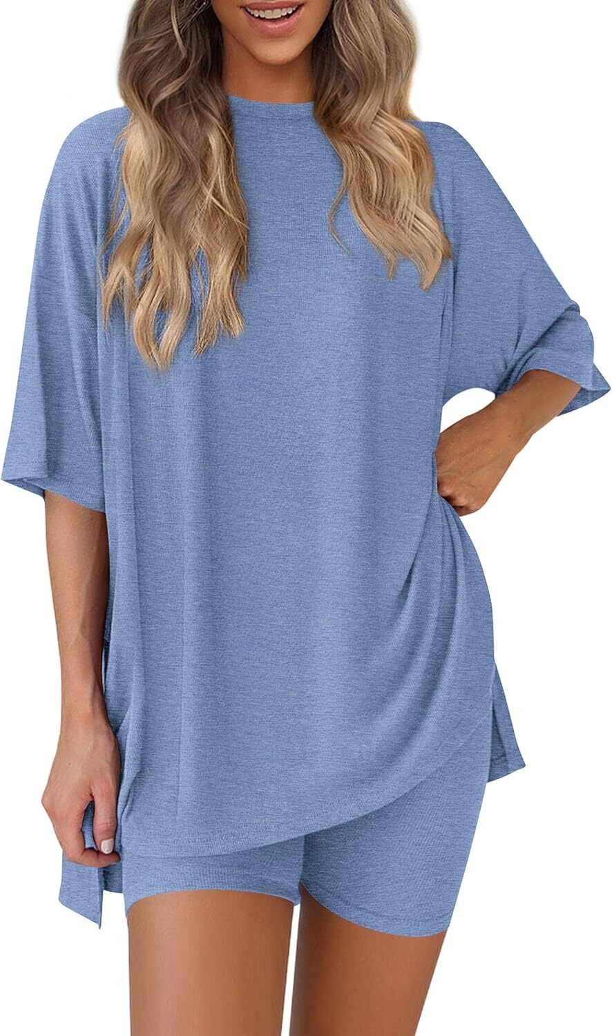 Women's Two Piece Lounge Set 2026 Summer Casual Oversized Shirts Biker Shorts Matching Airport Travel Outfit