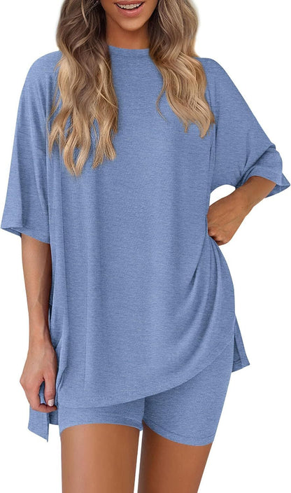 Women's Two Piece Lounge Set 2026 Summer Casual Oversized Shirts Biker Shorts Matching Airport Travel Outfit