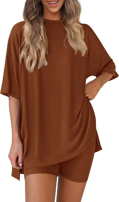 Women's Two Piece Lounge Set 2026 Summer Casual Oversized Shirts Biker Shorts Matching Airport Travel Outfit