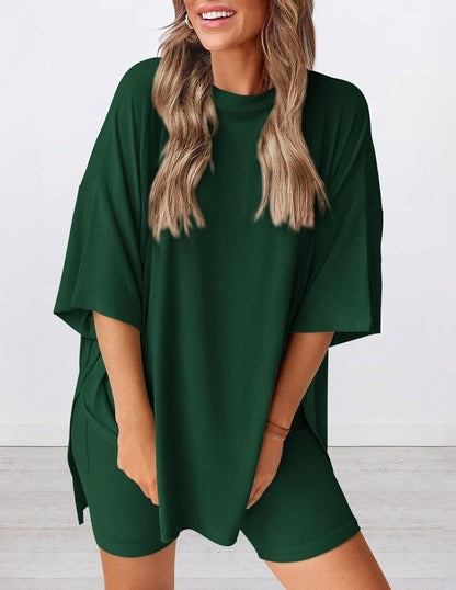 Women's Two Piece Lounge Set 2026 Summer Casual Oversized Shirts Biker Shorts Matching Airport Travel Outfit