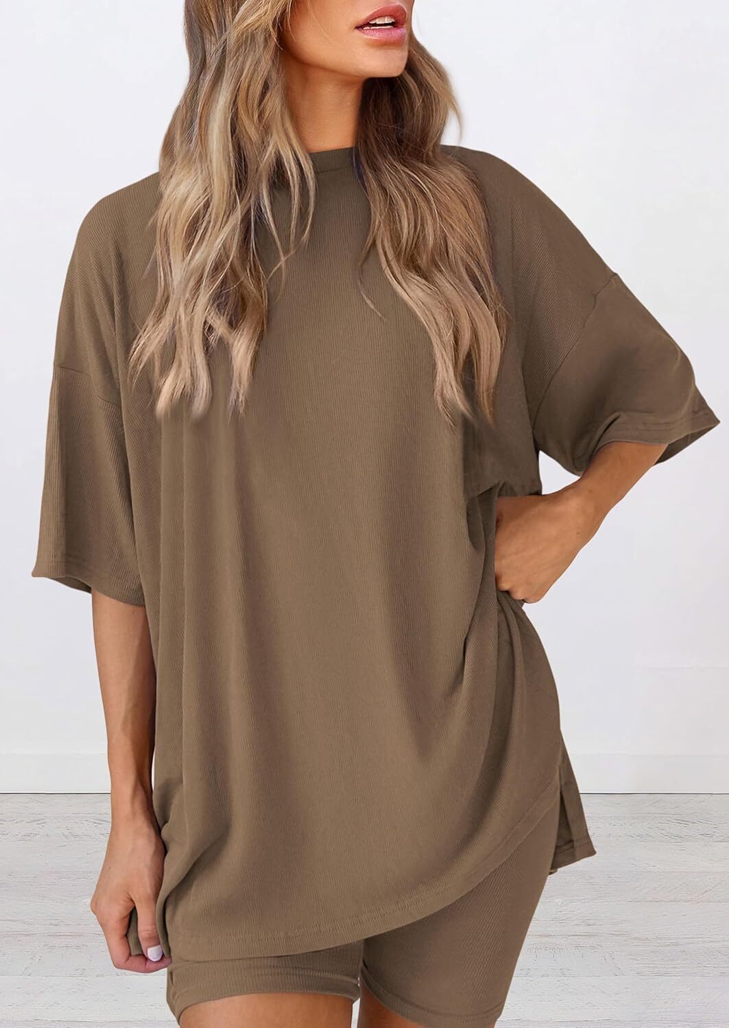 Women's Two Piece Lounge Set 2026 Summer Casual Oversized Shirts Biker Shorts Matching Airport Travel Outfit