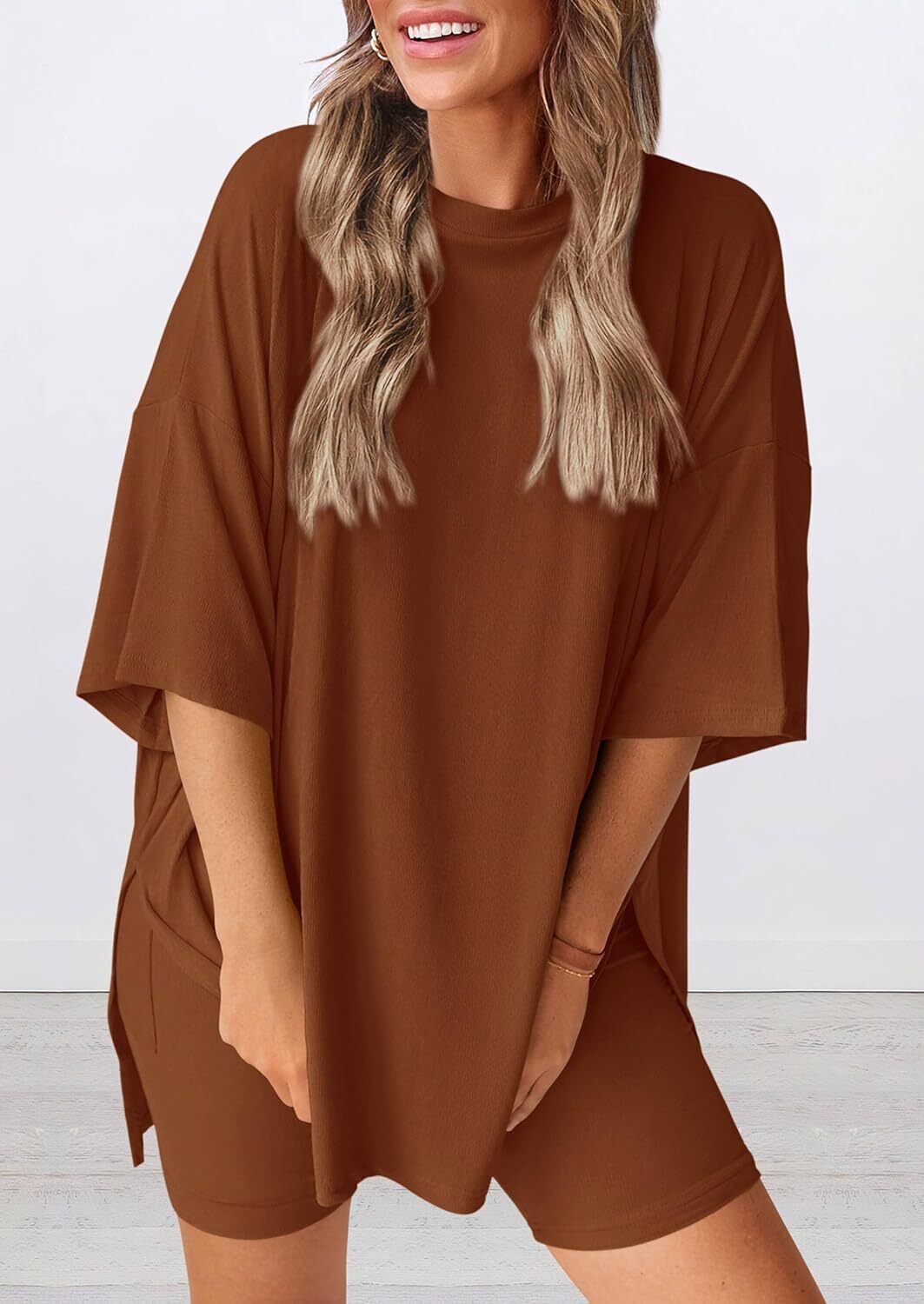 Women's Two Piece Lounge Set 2026 Summer Casual Oversized Shirts Biker Shorts Matching Airport Travel Outfit