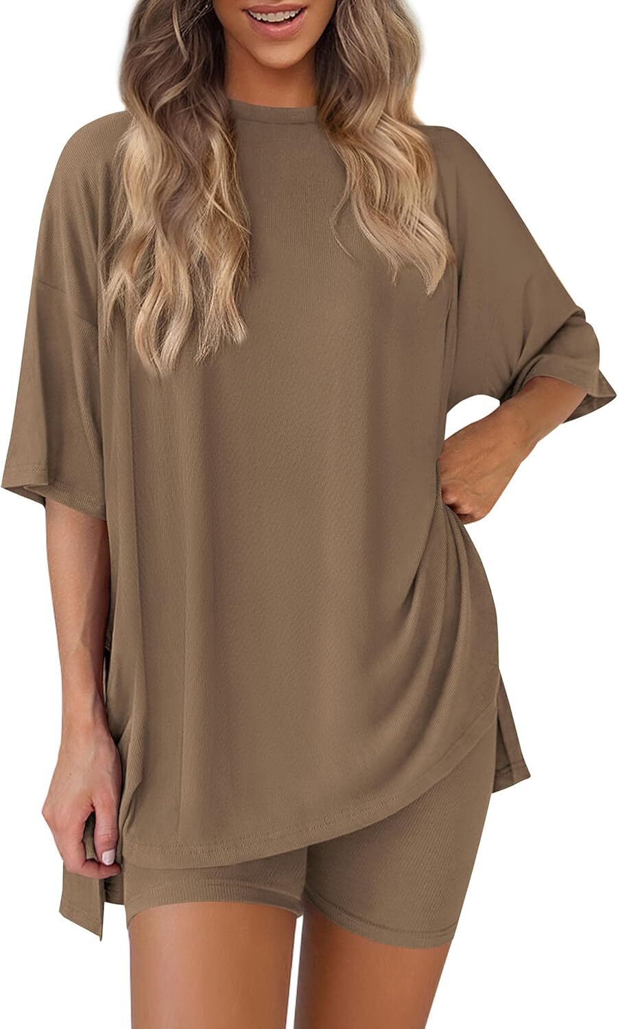 Women's Two Piece Lounge Set 2026 Summer Casual Oversized Shirts Biker Shorts Matching Airport Travel Outfit