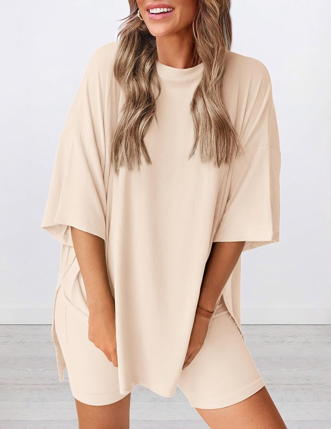 Women's Two Piece Lounge Set 2026 Summer Casual Oversized Shirts Biker Shorts Matching Airport Travel Outfit