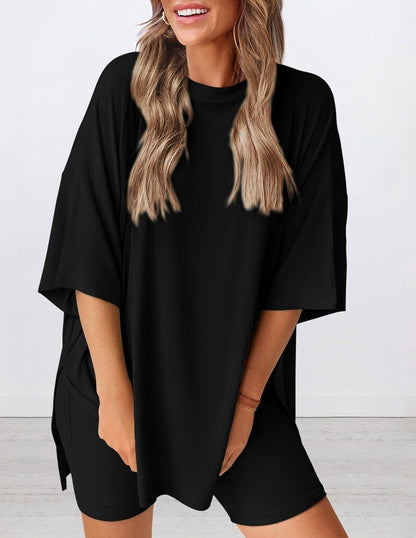 Women's Two Piece Lounge Set 2026 Summer Casual Oversized Shirts Biker Shorts Matching Airport Travel Outfit