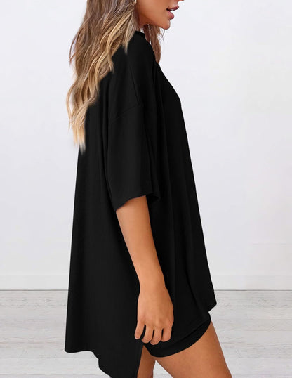 Women's Two Piece Lounge Set 2026 Summer Casual Oversized Shirts Biker Shorts Matching Airport Travel Outfit