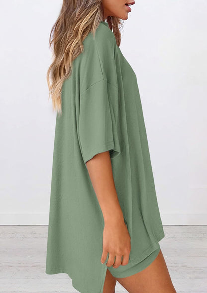 Women's Two Piece Lounge Set 2026 Summer Casual Oversized Shirts Biker Shorts Matching Airport Travel Outfit