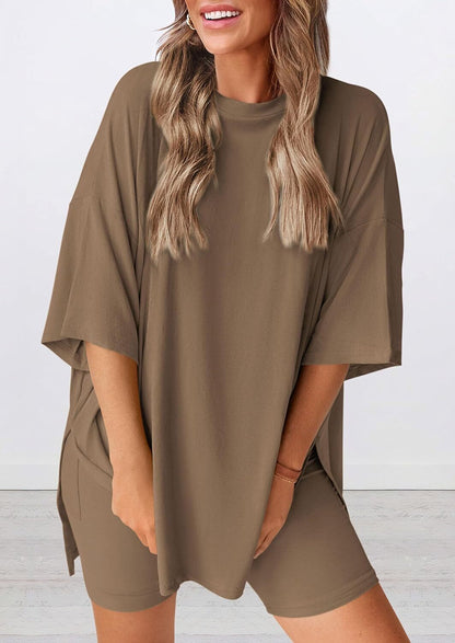 Women's Two Piece Lounge Set 2026 Summer Casual Oversized Shirts Biker Shorts Matching Airport Travel Outfit