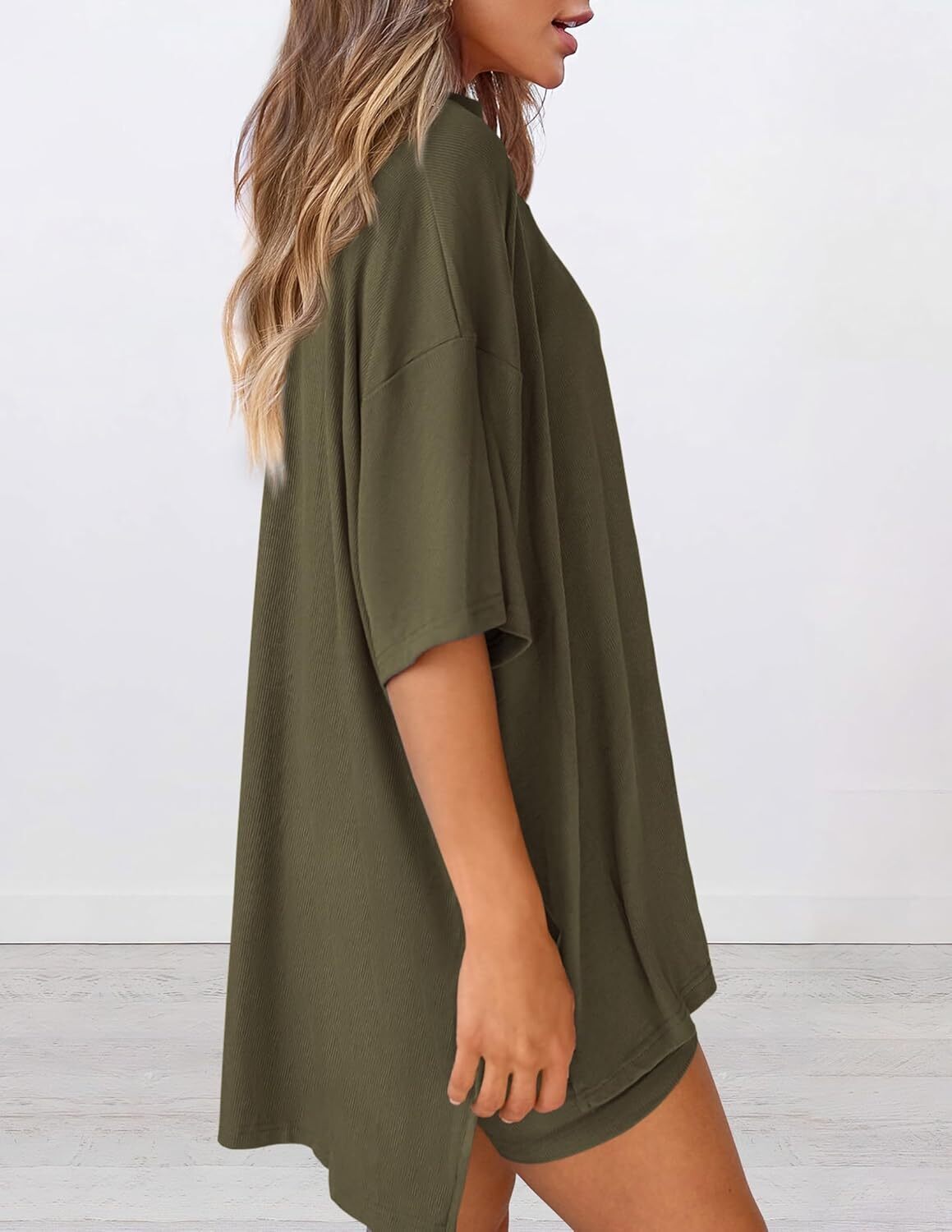 Women's Two Piece Lounge Set 2026 Summer Casual Oversized Shirts Biker Shorts Matching Airport Travel Outfit