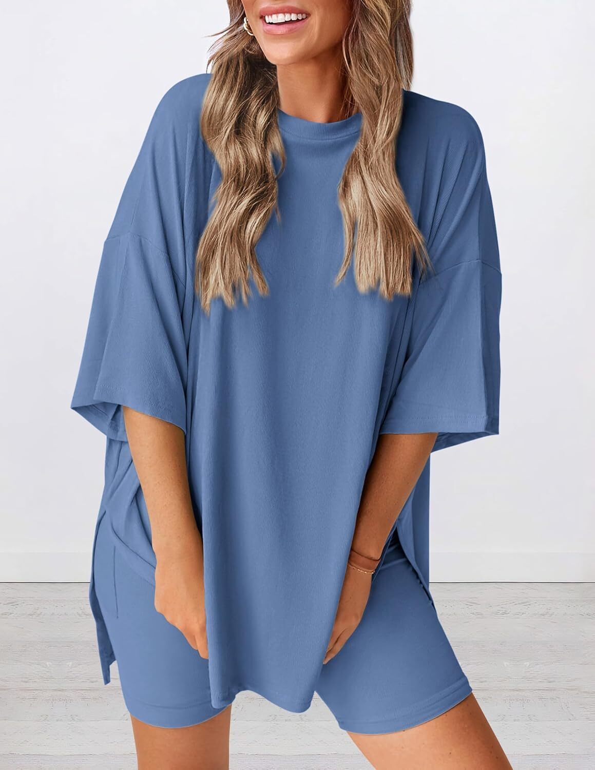 Women's Two Piece Lounge Set 2026 Summer Casual Oversized Shirts Biker Shorts Matching Airport Travel Outfit