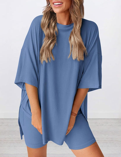 Women's Two Piece Lounge Set 2026 Summer Casual Oversized Shirts Biker Shorts Matching Airport Travel Outfit