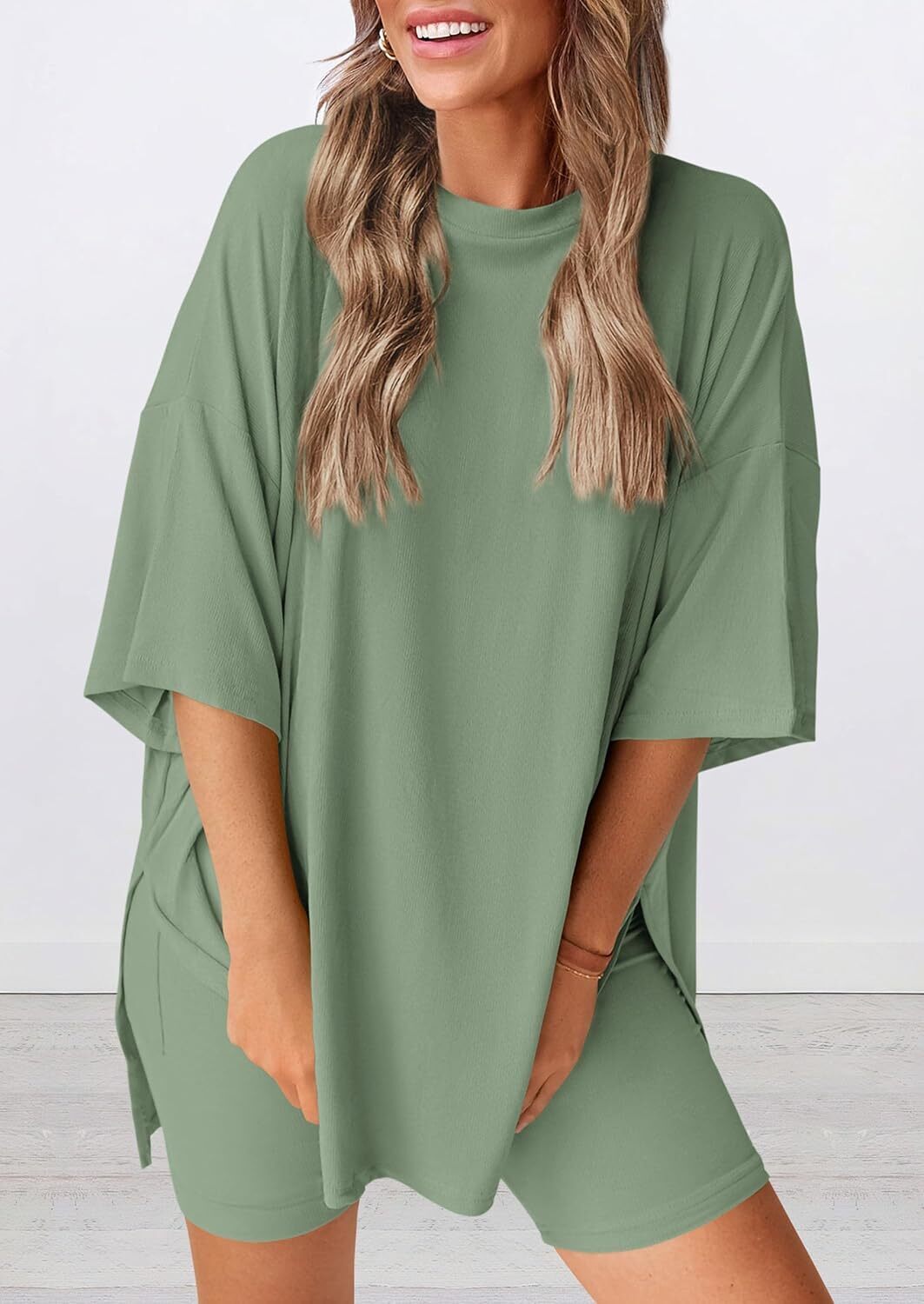 Women's Two Piece Lounge Set 2026 Summer Casual Oversized Shirts Biker Shorts Matching Airport Travel Outfit