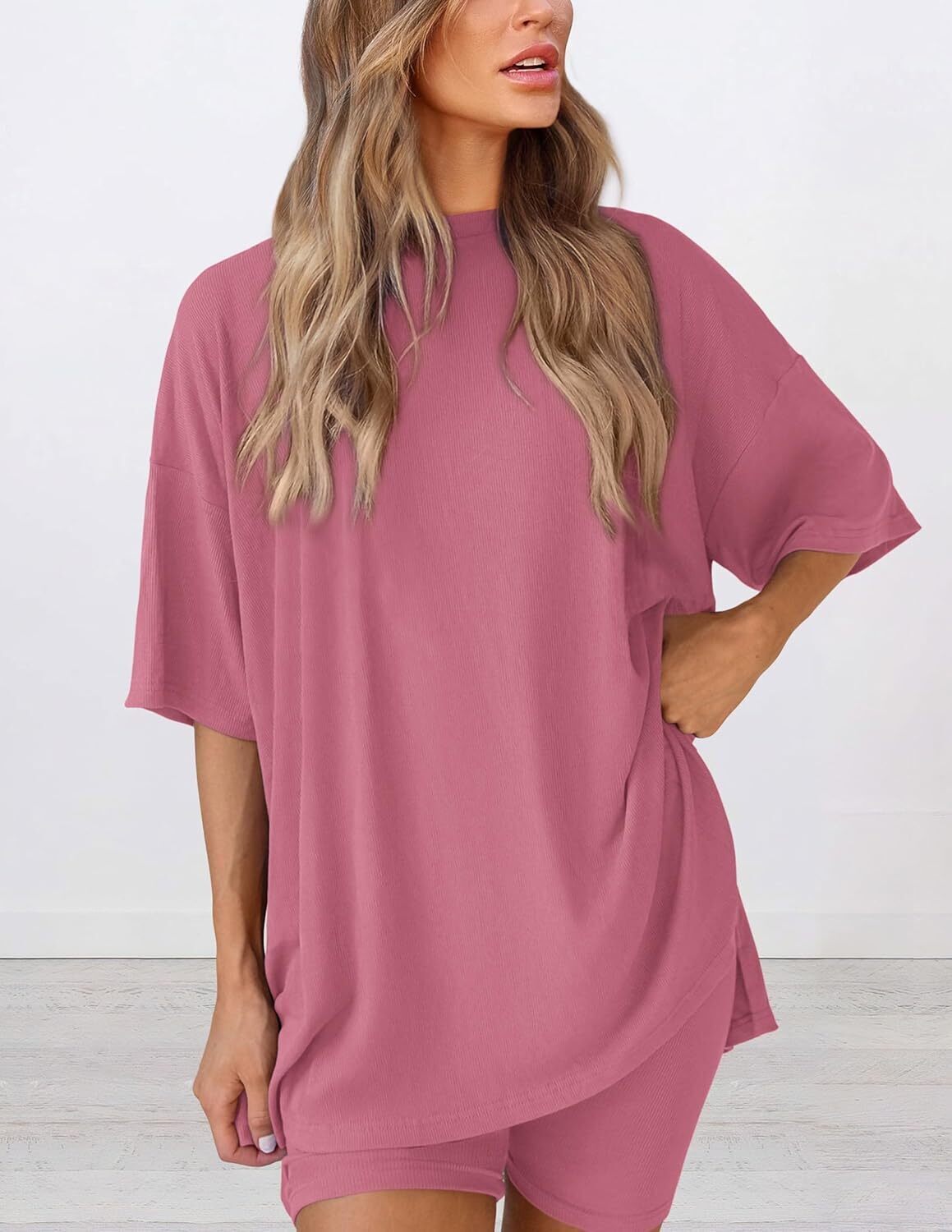 Women's Two Piece Lounge Set 2026 Summer Casual Oversized Shirts Biker Shorts Matching Airport Travel Outfit