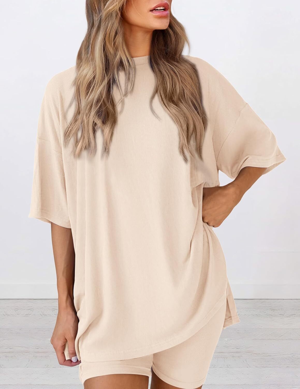 Women's Two Piece Lounge Set 2026 Summer Casual Oversized Shirts Biker Shorts Matching Airport Travel Outfit