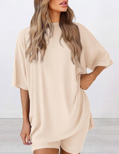 Women's Two Piece Lounge Set 2026 Summer Casual Oversized Shirts Biker Shorts Matching Airport Travel Outfit