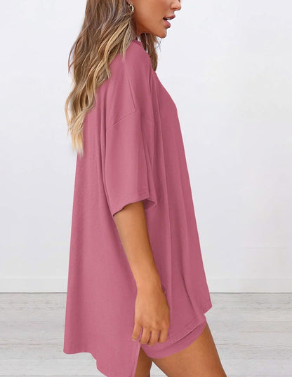 Women's Two Piece Lounge Set 2026 Summer Casual Oversized Shirts Biker Shorts Matching Airport Travel Outfit