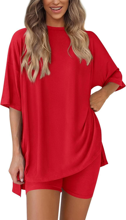 Women's Two Piece Lounge Set 2026 Summer Casual Oversized Shirts Biker Shorts Matching Airport Travel Outfit