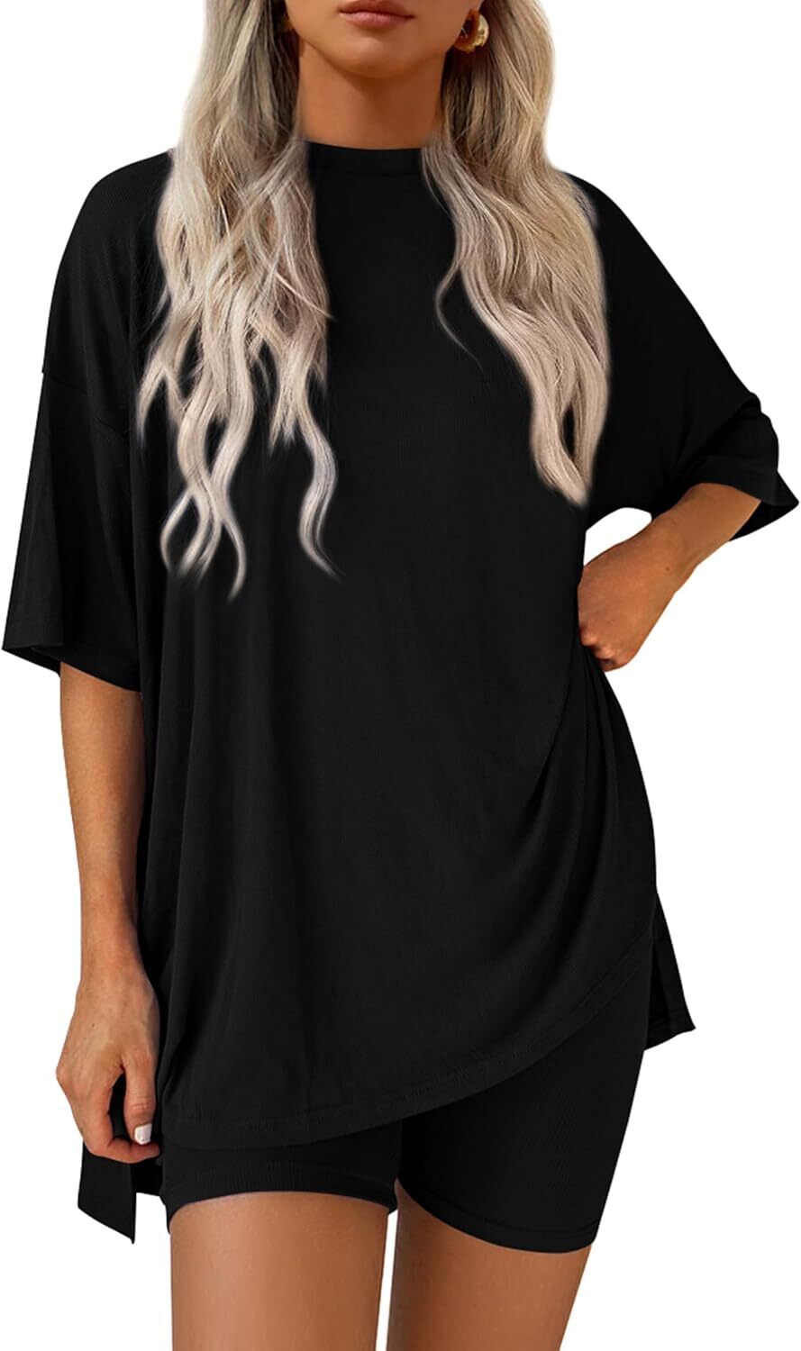 Women's Two Piece Lounge Set 2026 Summer Casual Oversized Shirts Biker Shorts Matching Airport Travel Outfit